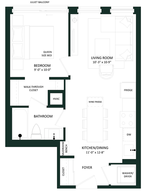 a floor plan of a house with a bedroom and a living room